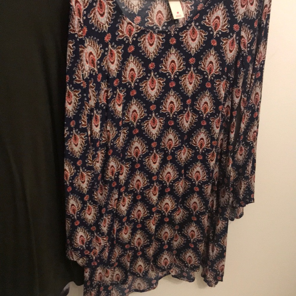 Blue, patterned dress.